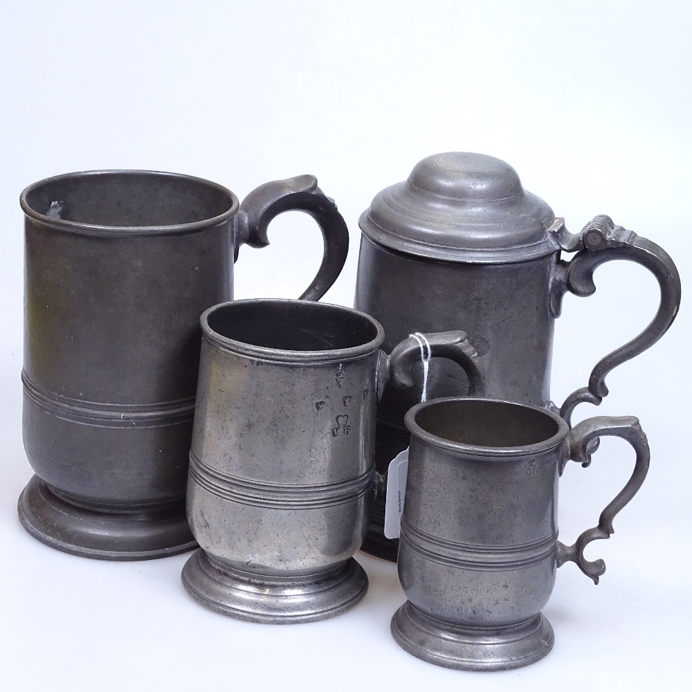 3 graduated Antique pewter measures, and a lidded quart measure with cut-glass base