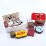 Decorative tins, badges, and decanter labels etc