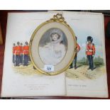 A gilt-framed miniature print, 26cm, and Regimental prints