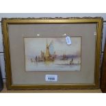 Watercolour, ships at low tide, initialled WS, 4.5" x 7", framed