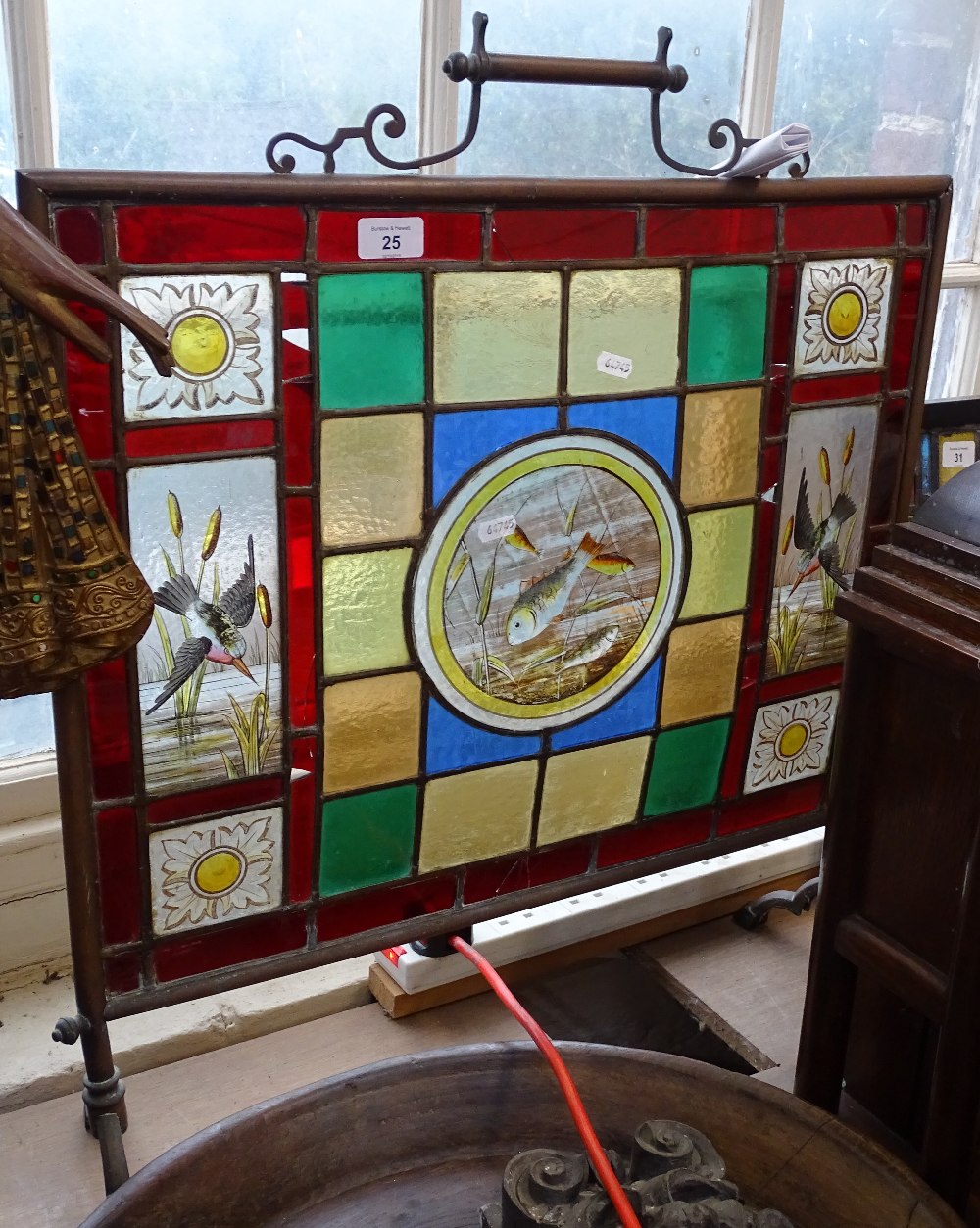 A Victorian brass and stained glass firescreen, with inset leadlight panels depicting birds and - Image 2 of 9