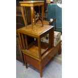 An Italianate musical jewellery cabinet, a teak sewing cabinet, a nest of table, a bow armchair etc