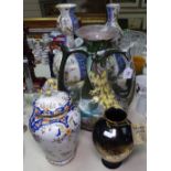 Faience vases and jar, a Chokin jar, and an Art Nouveau vase, 39.5cm
