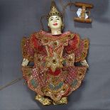 Southeast Asian carved and painted wood dressed puppet, height 38cm