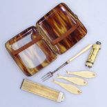 A folding ivory 12" rule, a fish, Antique etui, a cigarette case etc