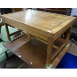 A banded oak rectangular coffee table, on H-shaped stretchers, W103cm, H51cm, D68cm