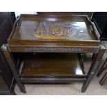 An Oriental hardwood folding 2-tier trolley, with relief carved decoration