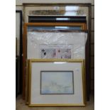 Various watercolours and prints, including G Davidson windmill (9)