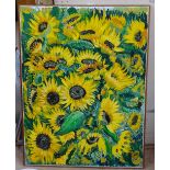 Clive Fredriksson, large oil on canvas, sunflower field, signed and dated, 49" x 36", framed