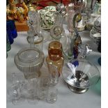 Cut-glass and crystal decanters, an Art glass bird etc