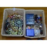 2 boxes of gemstones, assorted costume jewellery etc