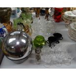 A witch's ball, 20cm, glass jugs, goblets etc