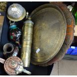 Cloisonne vases, a spice mill, a brass tray etc
