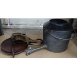 An iron Kenrick 3 gallon bucket with tap, and 2 metal pulleys