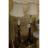 A pair of brass twist table lamps with shades, 53cm overall