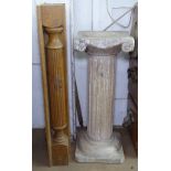 A limed oak design Corinthian column pedestal, H72cm, and 2 fluted columns