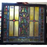 A leadlight stained glass panel with foliate decoration, inscribed Golden Jubilee Gift Of, height