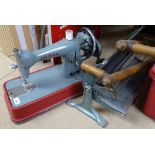 A sewing machine, an electric fire, Vintage garden shears
