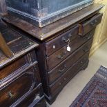 An early 18th century joined oak chest, of 2 short and 3 long drawers, bracket feet, W90cm, H96cm
