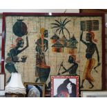 A large African Batik painting, village scene, unsigned, 53" x 68", framed