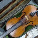 A 19th Century German violin in case, and 2 bows. Labelled Spiritus Sursane