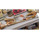 2 brass and copper bugles, and 2 horns