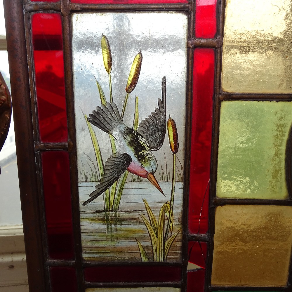 A Victorian brass and stained glass firescreen, with inset leadlight panels depicting birds and - Image 8 of 9