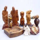 3 carved Oriental figures, 14cm, 1950s novelty ashtrays etc