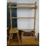 A pine towel rail, a stool, and a box (3)