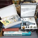 An optical research kit, a microscope and accessories, specimens etc