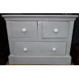 A painted and polished pine 3-drawer chest, W80cm