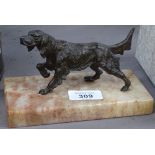 A patinated spelter figure of a Gundog on marble plinth, length 16cm overall