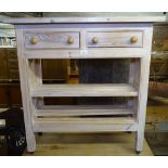 A pine kitchen serving table, with 2 drawers and open shelves under, W87cm, H90cm