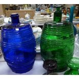 2 similar blue and green glass spirit barrels, 1 with original green glass stopper, height excluding