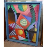 20th century oil on canvas, abstract, framed, together with 3 coloured prints (4)