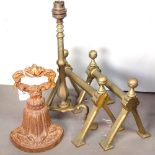 A Victorian cast-iron doorstop, a pair of Benham & Froud fire dogs, and a brass lamp