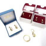 3 pairs of gold earrings, a gold plated ring etc