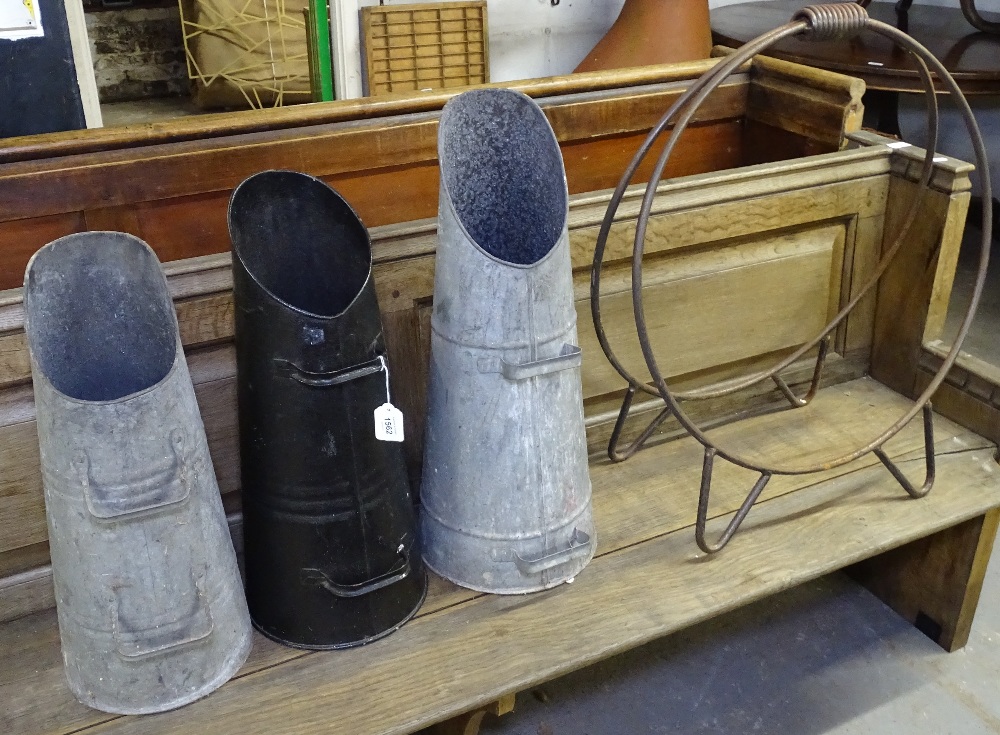 3 galvanised coal scuttles, and a wrought-iron log basket