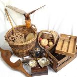 Plated items, crate, basket with carved eagle, bread boards etc