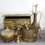 Brass-clad coal bin, a cream skimmer, kettle etc