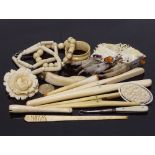 Rabbit's foot stone set brooches, ivory glove stretcher etc