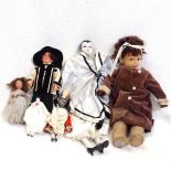 5 porcelain-headed dolls, and another Vintage doll with a brown coat, 41cm