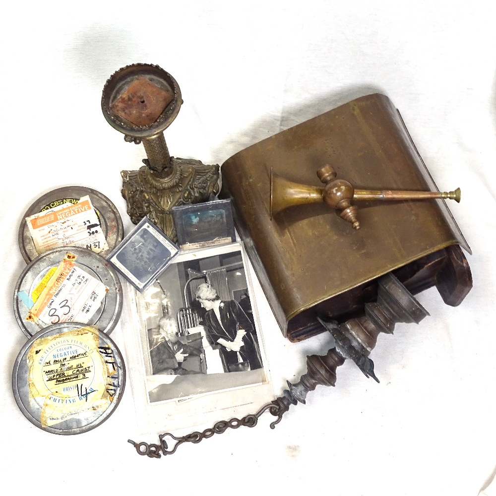 Reel tins, brass candle stand etc