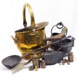 Brass coal bucket, horn-handled poker, flat iron etc