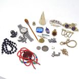 A box containing silver-mounted stone set jewellery, a plated Albert, a swivel fob etc
