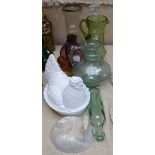 Green glass jug, 26cm, flask, hen egg container etc