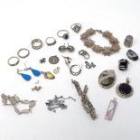 A tray of silver costume jewellery, to include filigree bracelet, stone set rings etc