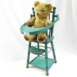 A Vintage Gold Plush teddy bear, and painted doll's highchair, height 51cm (2)