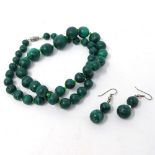 A green malachite bead necklace, and a pair of matching earrings