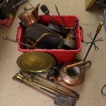 Brass fire irons, bell, copper kettles etc